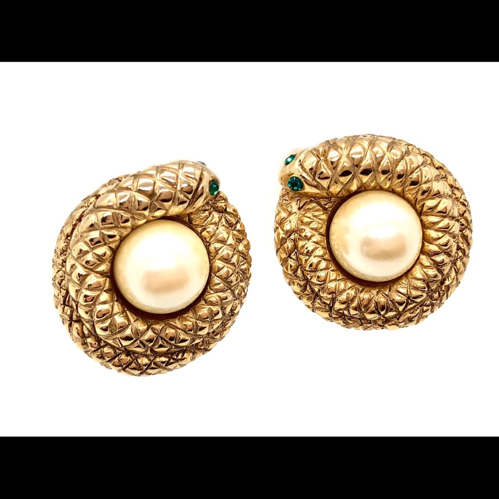 Rare Vintage Erwin Pearl Coiled Snake Earrings 🐍 - Picture 2 of 8